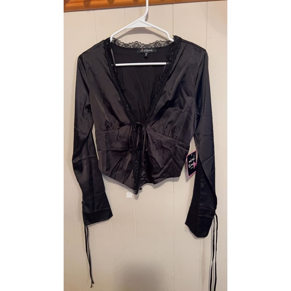 Mind Threads Black Satin Lace Trim Blouse